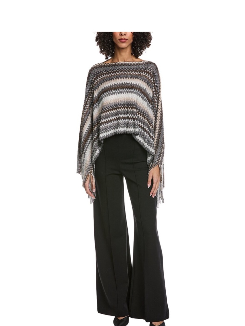 Missoni Zigzag Knit Fringe Poncho in Black Cream Grey Beige NWT